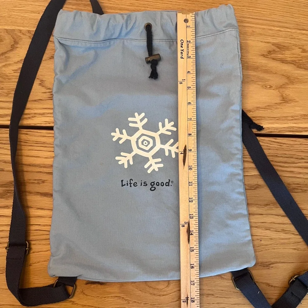 Life is Good Blue Canvas Snowflake Drawstring Backpack Cinch Bag with Zip Pocket